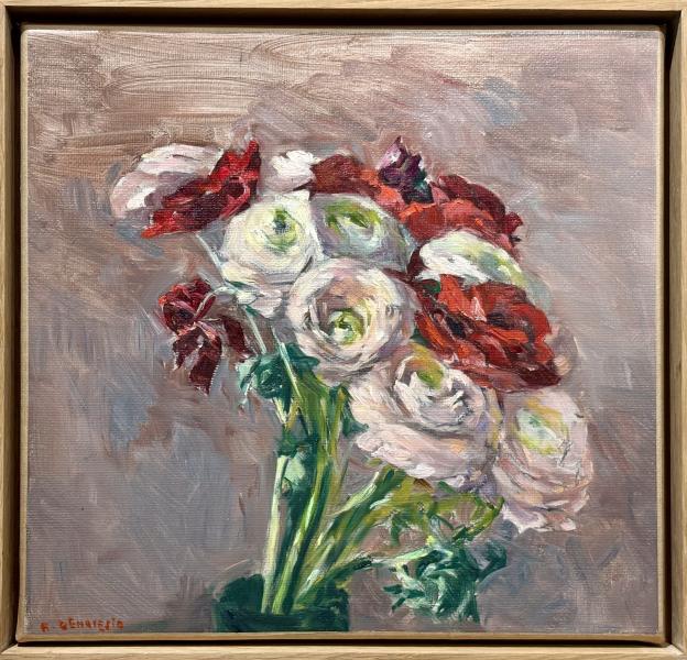 Assunta Genovesio - "Renoncules rouges & blanches" HST 40/38cm