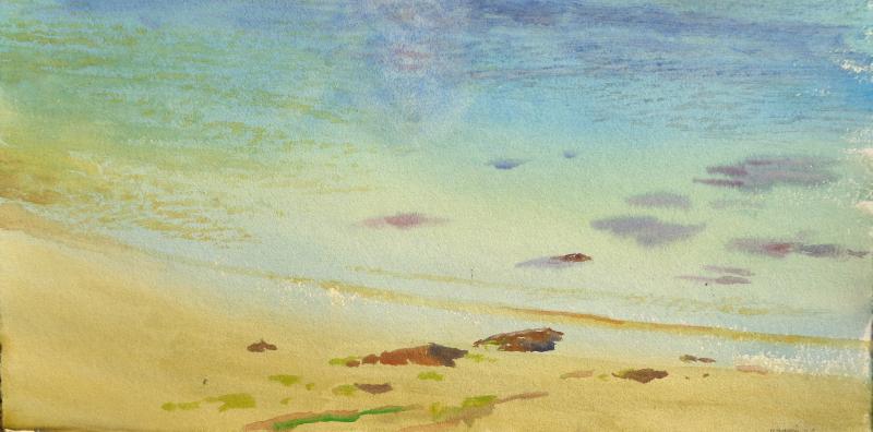 R&eacute;mi Hamoir - Plage & rochers, 44/76,5cm encadr&eacute;.