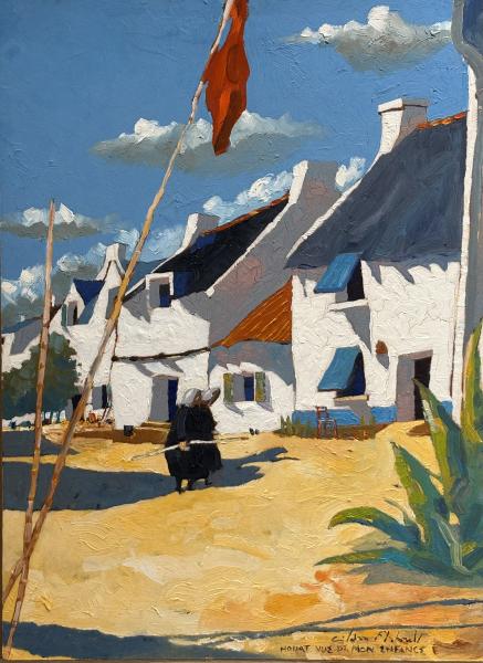 Gildas Flahault - Vue du village de Houat 1960 ou " Vue de mon enfance" - HSC - 37/50cm
