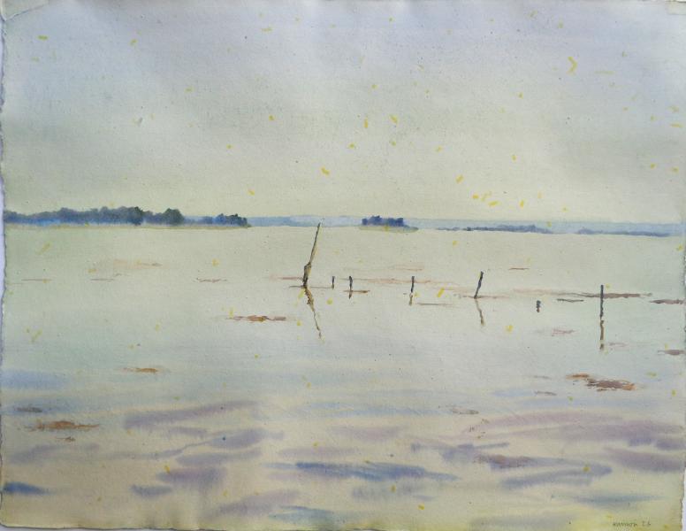 R&eacute;mi Hamoir - Parc &agrave; huitres, mar&eacute;e montante - 62/82cm encadr&eacute;.