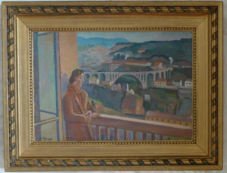 Pierre Lepage - Mme Lepage regardant le pont de St Laurent Epinal - HST - 55/38cm